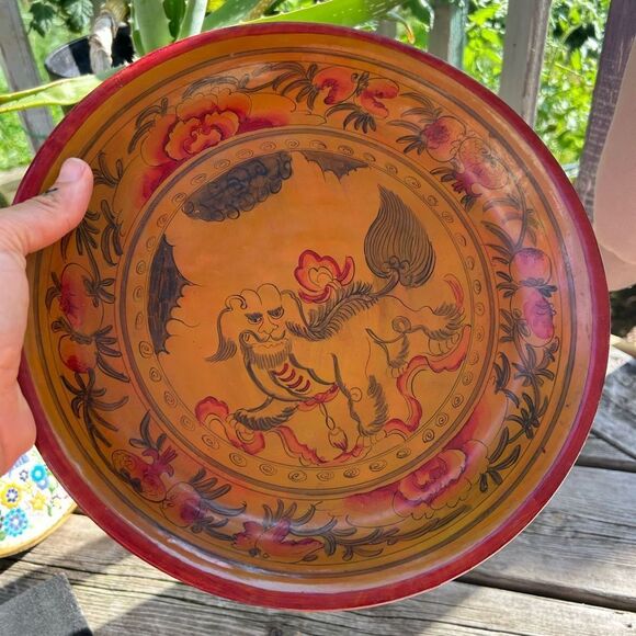 Set of 2 Wax Stamped Vintage Asian Hand Painted Floral Wooden Plates - Picture 14 of 16